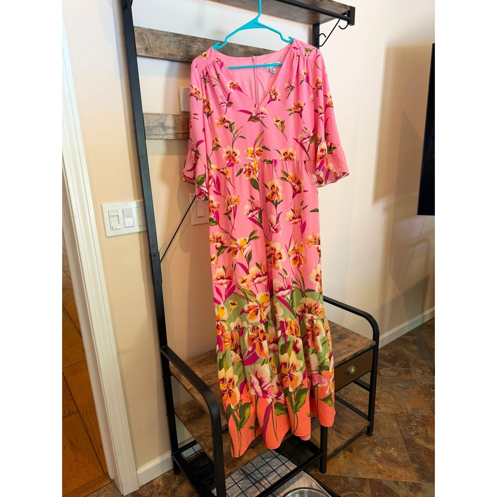 London Style Collection Pink Floral V-Neck Tiered Maxi Dress Size 10 - Picture 2 of 4